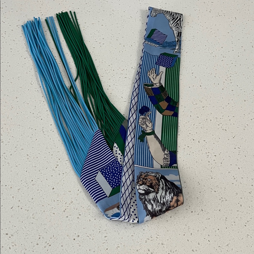 Blue and Green Silk twilly with Fringe